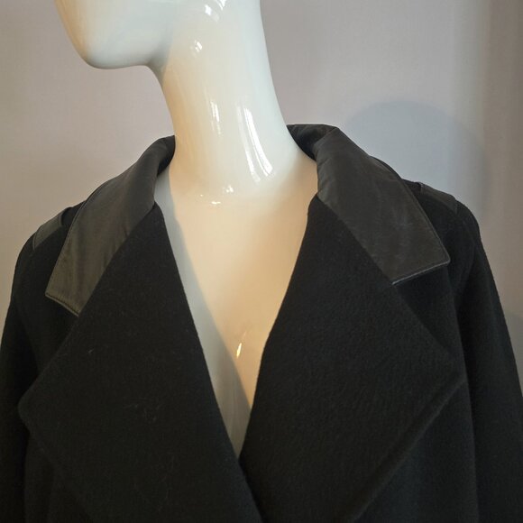 Long Black Wool Coat with Leather Lapels& Tri Burgundy Buttons – Double-Breaste - Picture 2 of 5